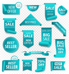 Price tags, ribbon banners. Sale promotion, website stickers, new offer badge collection isolated. Vector illustration.