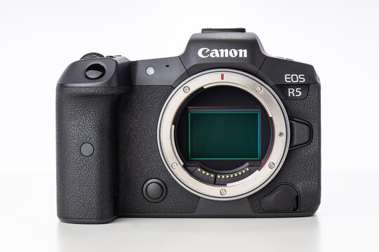 Varna, Bulgaria - November 07,2020: Image of Canon EOS R5 Mirrorless Digital Camera with dual pixel AF on a white background. Canon is the world largest SLR camera manufacturer.