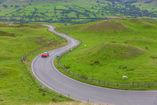 View of winding road toward Edale, Vale of Edale, Peak District National Park, Derbyshire