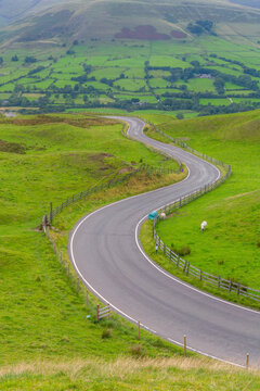 View of winding road toward Edale, Vale of Edale, Peak District National Park, Derbyshire
