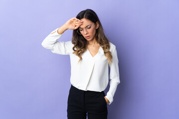 Young caucasian woman isolated on purple background with tired and sick expression