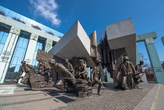 Warsaw, Poland - June 30, 2019: Monument to the Warsaw Rising dedicated to Warsaw Uprising in 1944 against the Nazi occupiers. This striking bronze tableau depicts Armia Krajowa fighters.