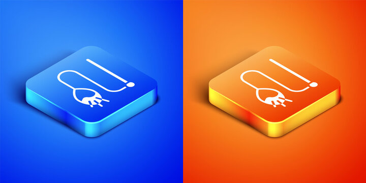 Isometric Pet cat toy icon isolated on blue and orange background. Square button. Vector.