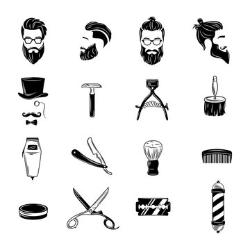 Collection of items and equipment for barbershops. Cut out icon for plotter or laser cutting. Barbershop cut-out vector illustration.