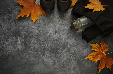 Training shoes and bottle of water in a black bag. Workout equipment set with autumn leaves. Gym...