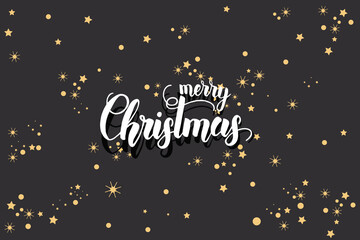 Christmas poster with hand made trendy lettering "Merry Christmas" and golden tinsel and confetti. New Year. Sketch. Banner, flyer, brochure. Vector background for holidays, postcards, websites