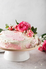 Birthday party concept with rose white cake