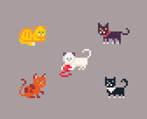 Pixel art set of cats in different poses.