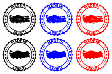 Made in Turkey  - rubber stamp - vector, Turkey  map pattern - black, blue and red
