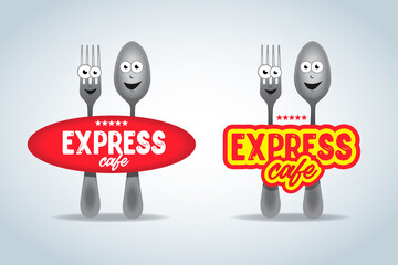Fast food logo set, express cafe logo template. Fork and spoon cartoon characters, food theme logotype vector template.