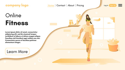 Sport Landing Page Layout. Online Personal Trainer and Fitness Coach. Black Woman doing Gymnastics. Fitness Website Homepage. Design for banner, flyer or brochure. Cartoon Flat Vector Illustration.	
