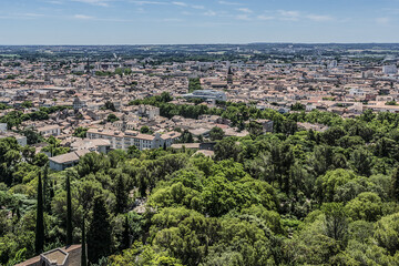 Panoramic view of Nimes. Nimes- prefecture of the Gard department in the Occitanie region of Southern France.
