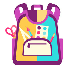 School backpack. Education, study back to school concept, vector illustration. Student satchels with equipment. Kids school bag with education supplies.