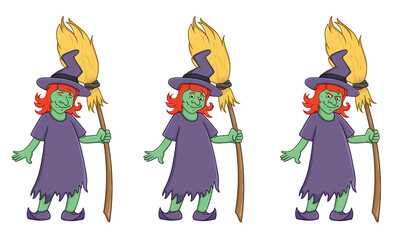 set cartoon witches with broom.isolated on white background. vector illustration