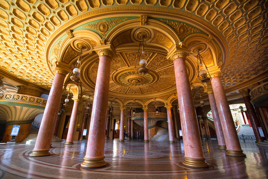 Bucharest, Romania - June 19, 2019: Interior and ceiling of the cozy and impressive concert hall in Romanian Athenaeum (Ateneul Roman or Romanian Opera House) in Bucuresti. Panorama