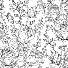 Hand-drawn roses black and white seamless pattern.