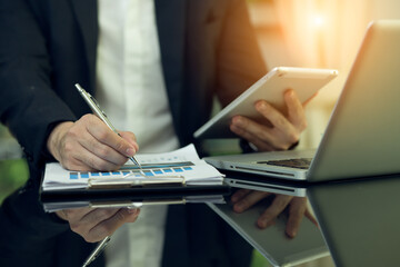 Business strategy investment concept Two businessman confident and discussing at office