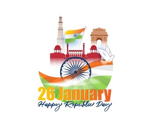 Vector banner of Happy Republic day, 26 january, national holiday of India, Indian flag, ashoka chakra, monuments, pigeon, template for website.