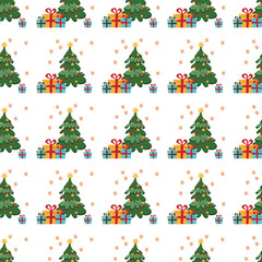 Winter background with a Christmas tree, fireworks and gifts on a white background