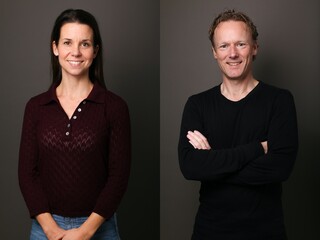 Two different people in front of a colored background