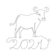 Continuous drawing of a bull symbol of 2021. Postcard in one line. holiday element for losses, calendars. vector illustration	