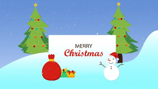 Merry Christmas text with gifts and snowman