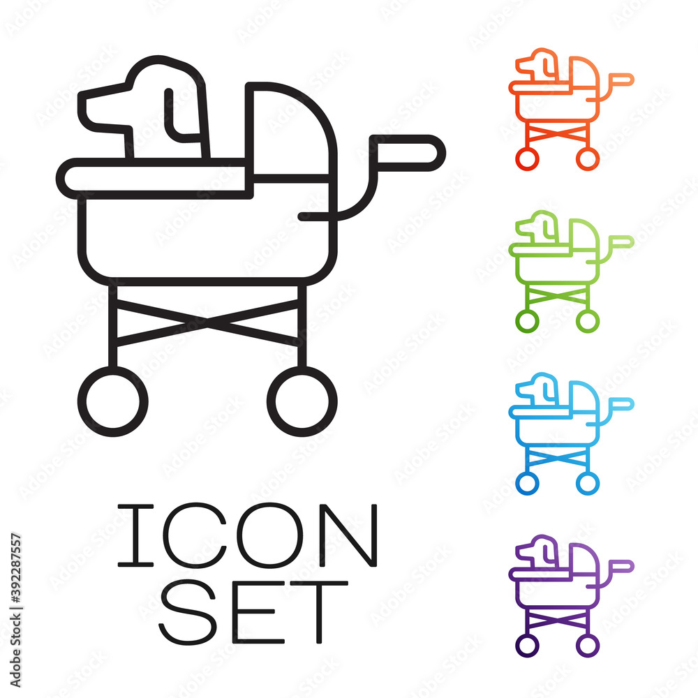 Sticker Black line Pet stroller icon isolated on white background. Set icons colorful. Vector.