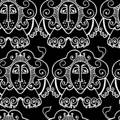Seamless vector black and white illustration pattern of ornamental lined lion symbol