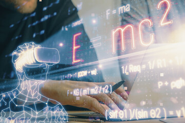 Science formula hologram with man working on computer on background. Education concept. Double exposure.