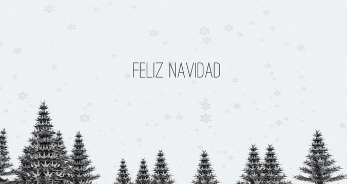 Ilustración de un paisaje de árboles estilo abeto en blanco y negro, con nieve y nevando. Mensaje español: feliz navidad