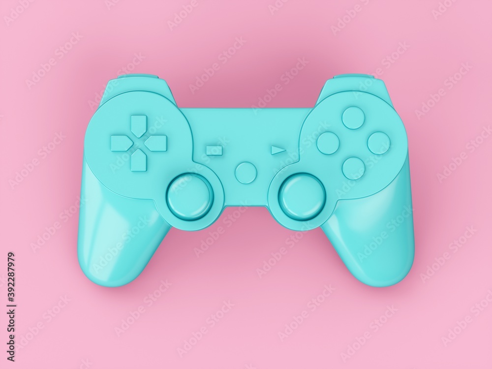 Wall mural 3d rendering blue video game controller on pink background