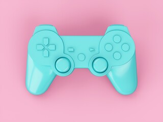 3d rendering blue video game controller on pink background