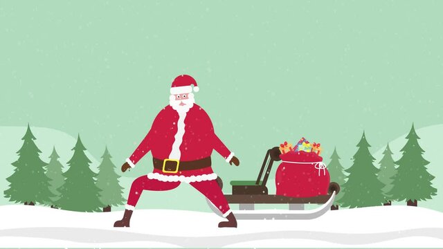 Santa claus doing stretch exercise near a sledge