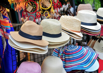 Straw hat fashion in retro vintage style on sale at the marketplace
