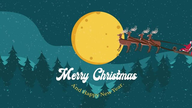 Santa claus riding reindeer sleigh at Christmas