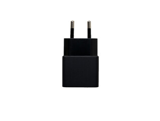 Mobile phone charger, black adapter, power supply, on white isolated background, copy space