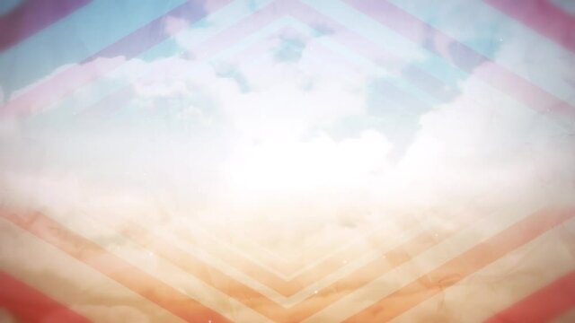 A creatively abstract background that frames the motion of clouds with red bent lines forming the shape of wide arrows. Use this as a loop that has an inviting blue and orange gradient.