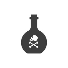 Bottle poison alcohol skull side view for concept design. Dangerous container. Potion beverage bar drink concept. Alcohol addiction icon. Venom, danger symbol. Isolated flat illustration
