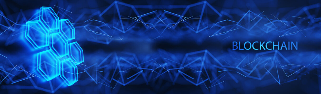 Wide banner for your design. Data cells on a blue background. Distributed blockchain technology concept. Digital background. 3d render.