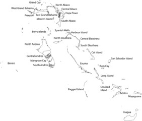 White vector map of the commonwealth of The Bahamas with black borders and names of it's districts