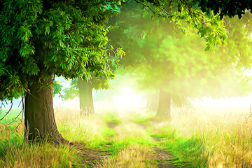 Obraz premium Beautiful foggy morning at the old oaks avenue - digital art