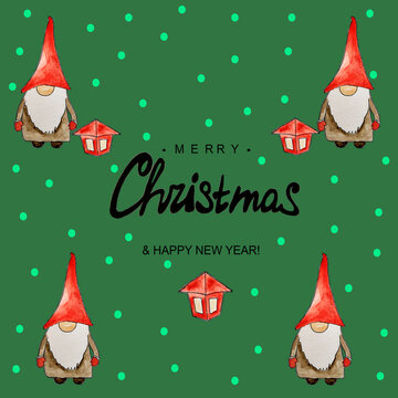 Holiday card with gnomes on green. Hand draw watercolor illustration
