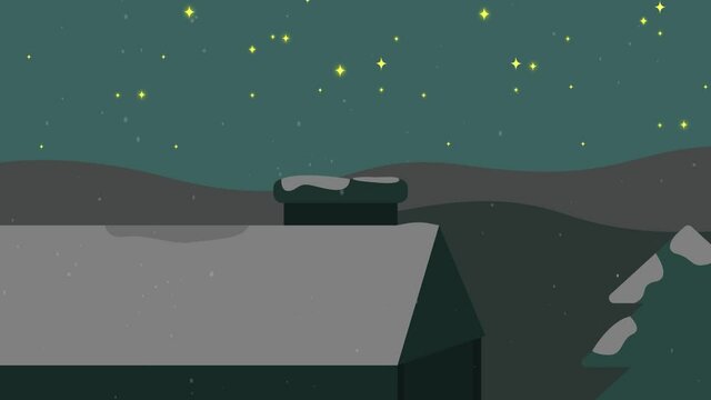 Snowdrift on house rooftop with chimney at night