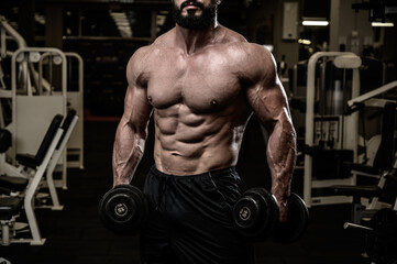 Fototapeta na wymiar strong athlete bearded man with perfect body muscle with iron dumbbells in fitness sport night gym