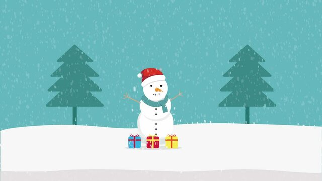 Snowman with Christmas presents at snowy park