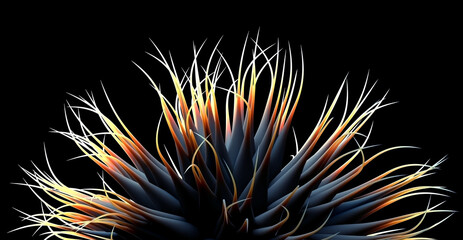 3d render par of abstract micro organism as bacteria or virus with poisoned antennas or tentacles with gradient from dark black to orange yellow color on black background  