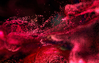 3d render of abstract art 3d background with surreal flying smoke cloud splash fluid based on small red foam balls particles in movement explosive process with depth of field effect