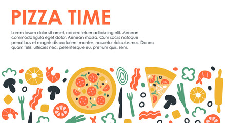 Vector illustration with pizza hand drown frame. Cute artwork in doodle style. Pizza pepperoni with ingredients around. For menu, pizzeria, banner, label and blog. Italian traditional food