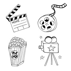 Retro movie art drawing. Simple template illustration. Film, popcorn, camera, star, cinema