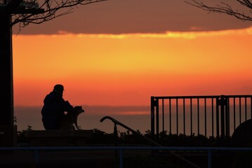 Fototapeta premium Silhouette of sunrise / old man and dog